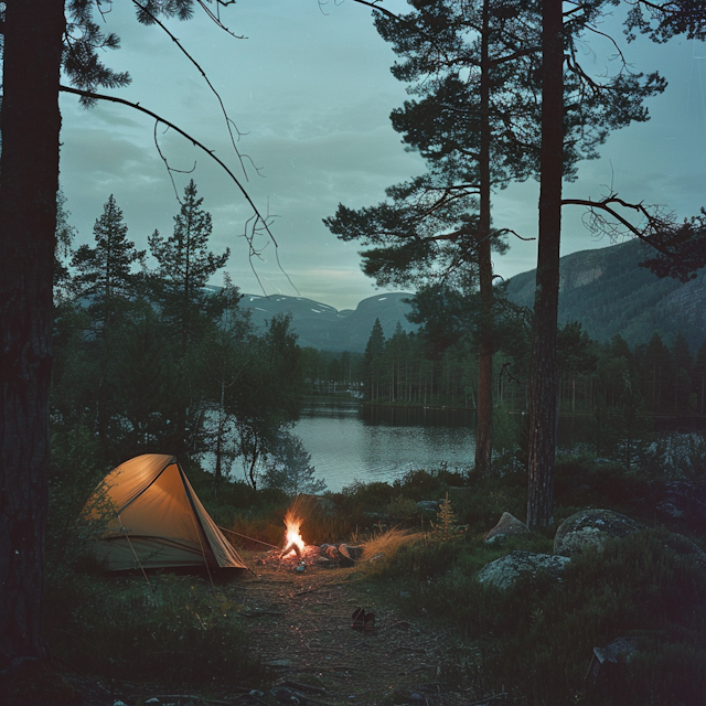 Serene Nighttime Camping by a Lake