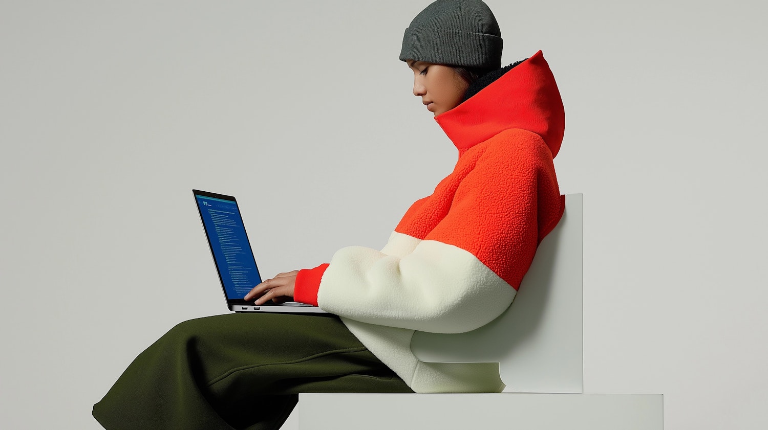 Person in Color-Blocked Jacket with Laptop