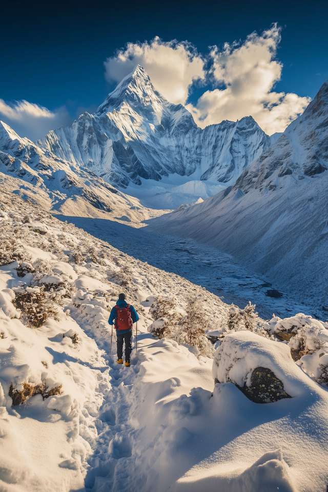 Lone Hiker in Snowy Mountains