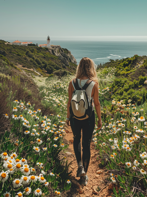 Woman Walking Towards Lighthouse