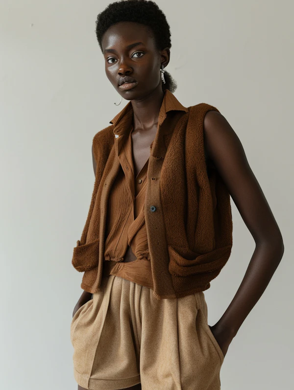 Poised Woman in Earth-Toned Ensemble