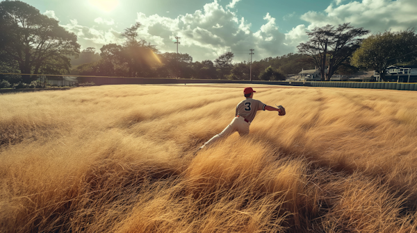 Baseball Player Diving Catch in Golden Wheat Field