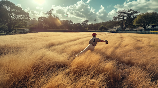 Baseball Player Diving Catch in Golden Wheat Field