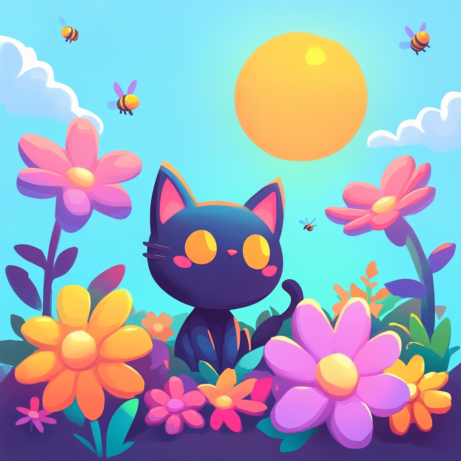 Whimsical Garden Cat Illustration