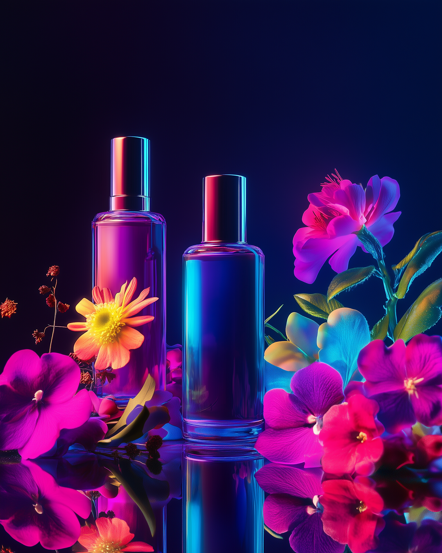 Elegant Perfume Bottles with Neon Flowers