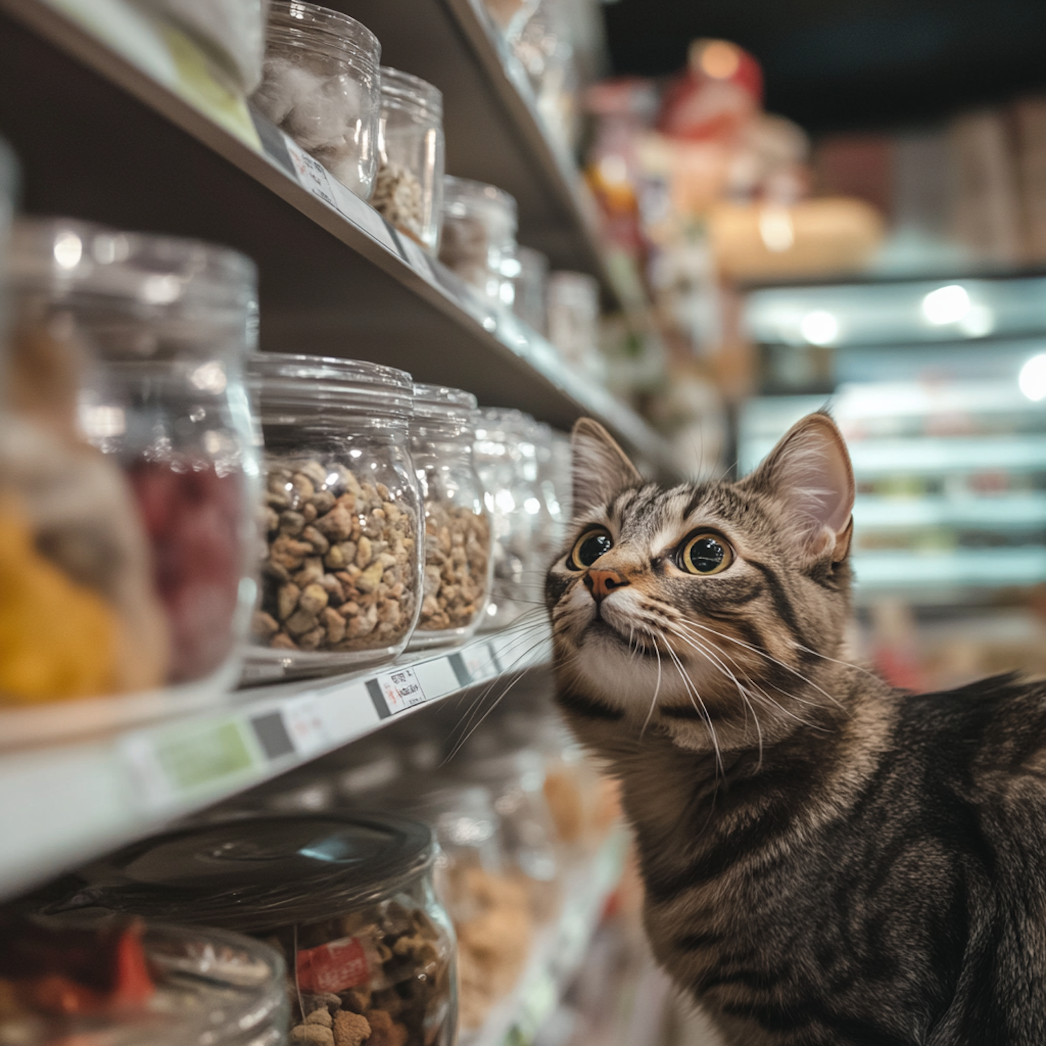 Curious Tabby Cat with Treat Jars