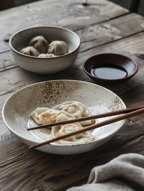 Traditional Chinese Dumplings on Wooden Table