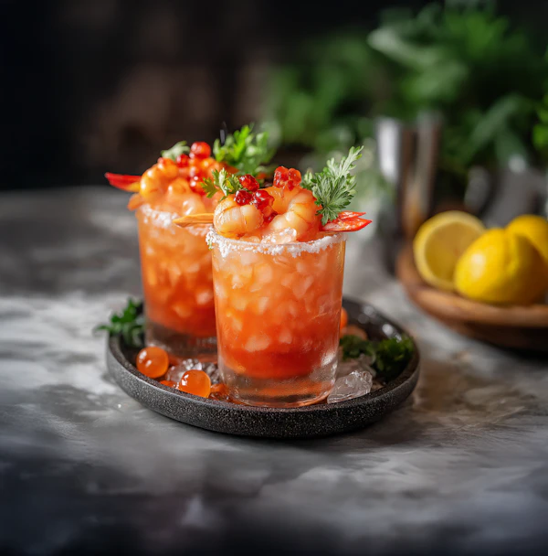 Vibrant Cocktails with Shrimp and Caviar