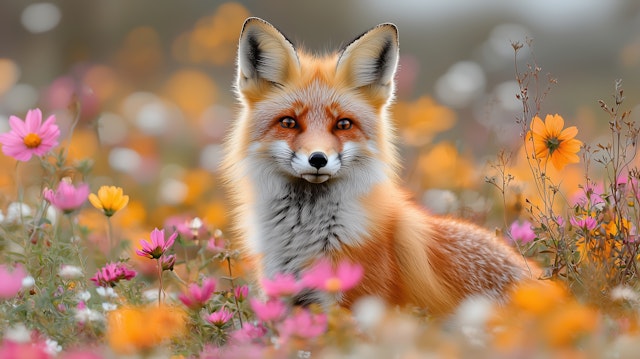 Red Fox in Wildflower Field