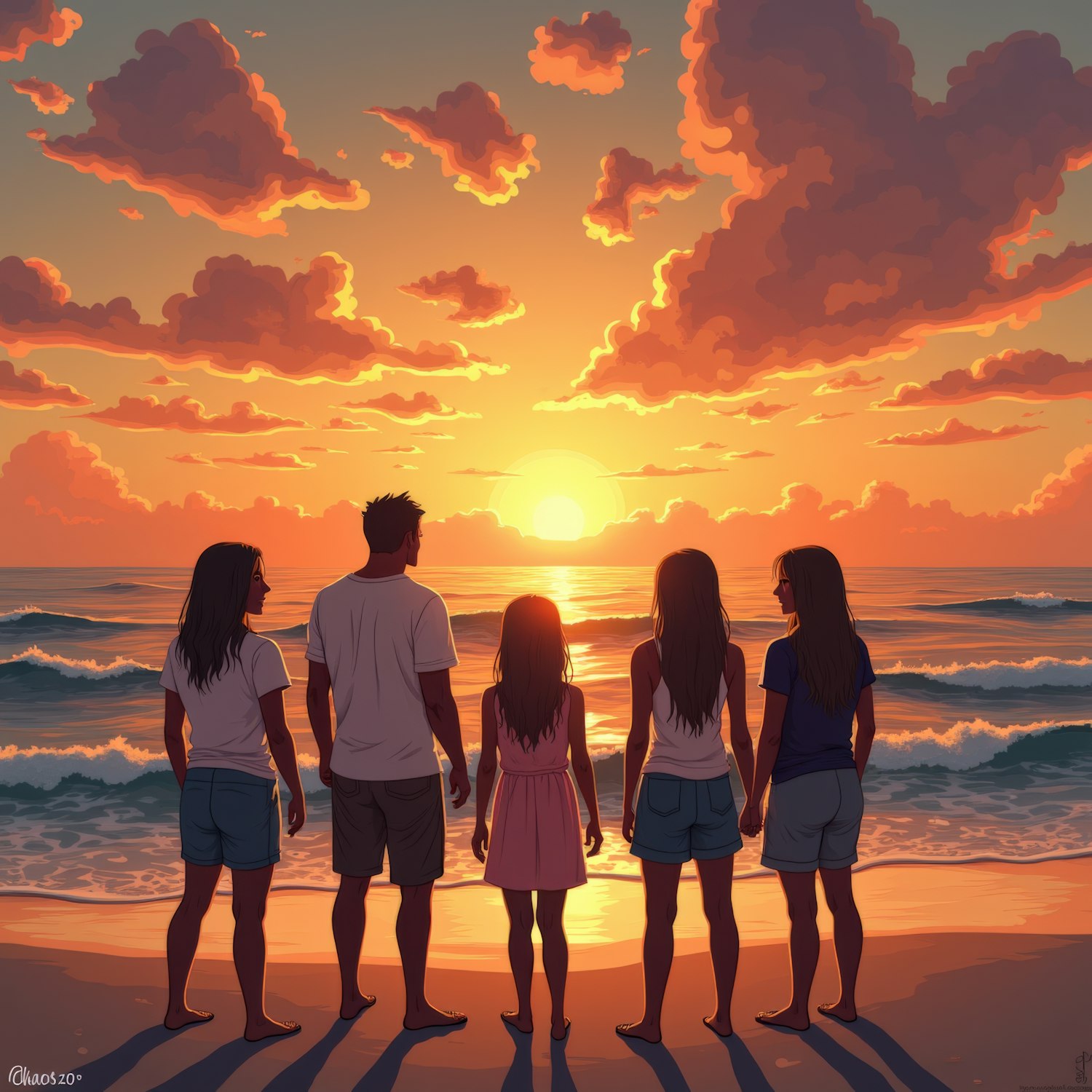 Family on Beach at Sunset