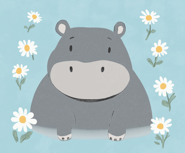 Cute Cartoon Hippo with Daisies