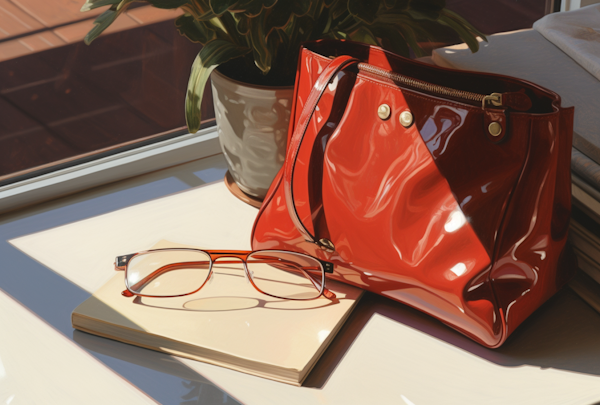 Serene Elegance: Tomato-Red Glossy Handbag with Reading Pause Still Life