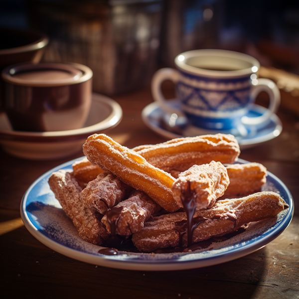 Golden-Brown Churros with Chocolate Drizzle and Hot Beverages