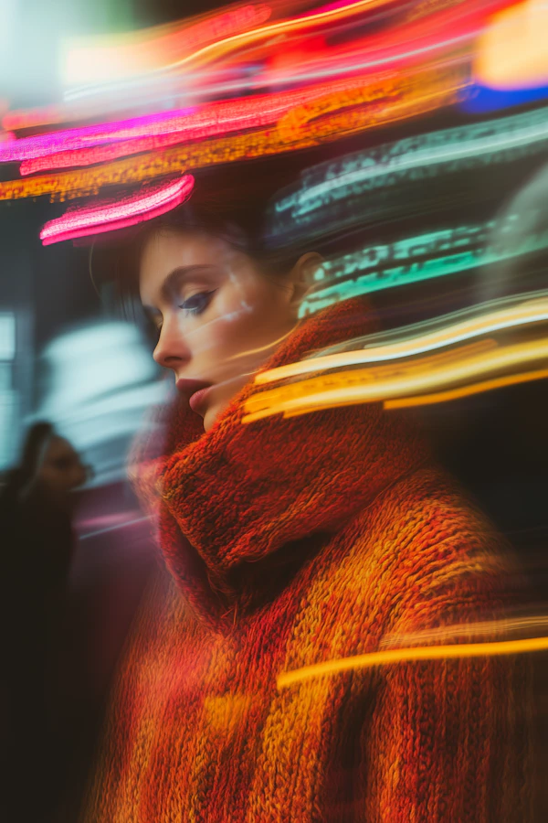 Contemplative Woman in Urban Lights