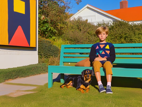 Child on Turquoise Bench with Dog