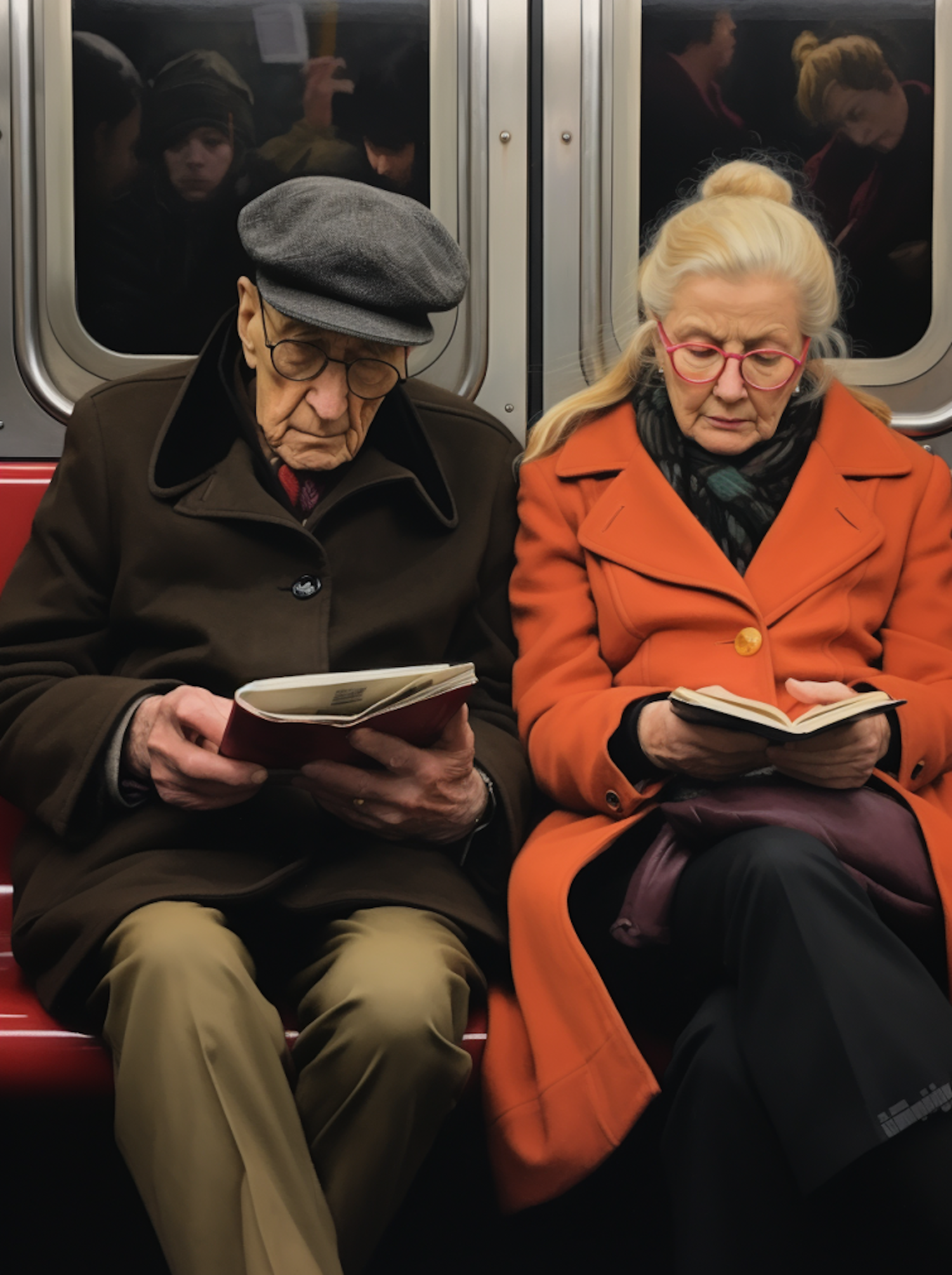 Elderly Couple Reading in Transit