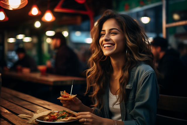 Joyous Woman Enjoying Street Food