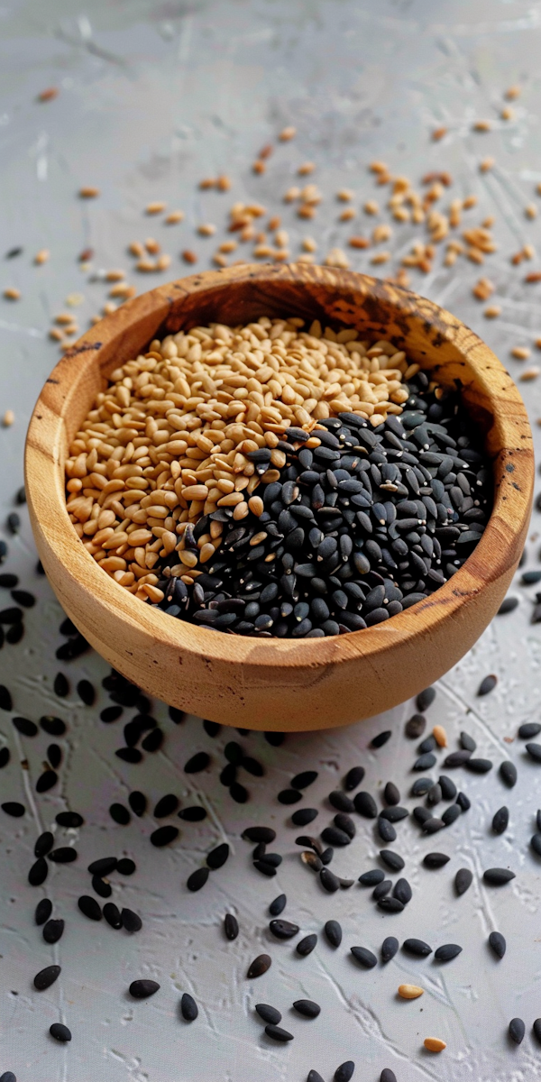 Sesame Seeds in Wooden Bowl