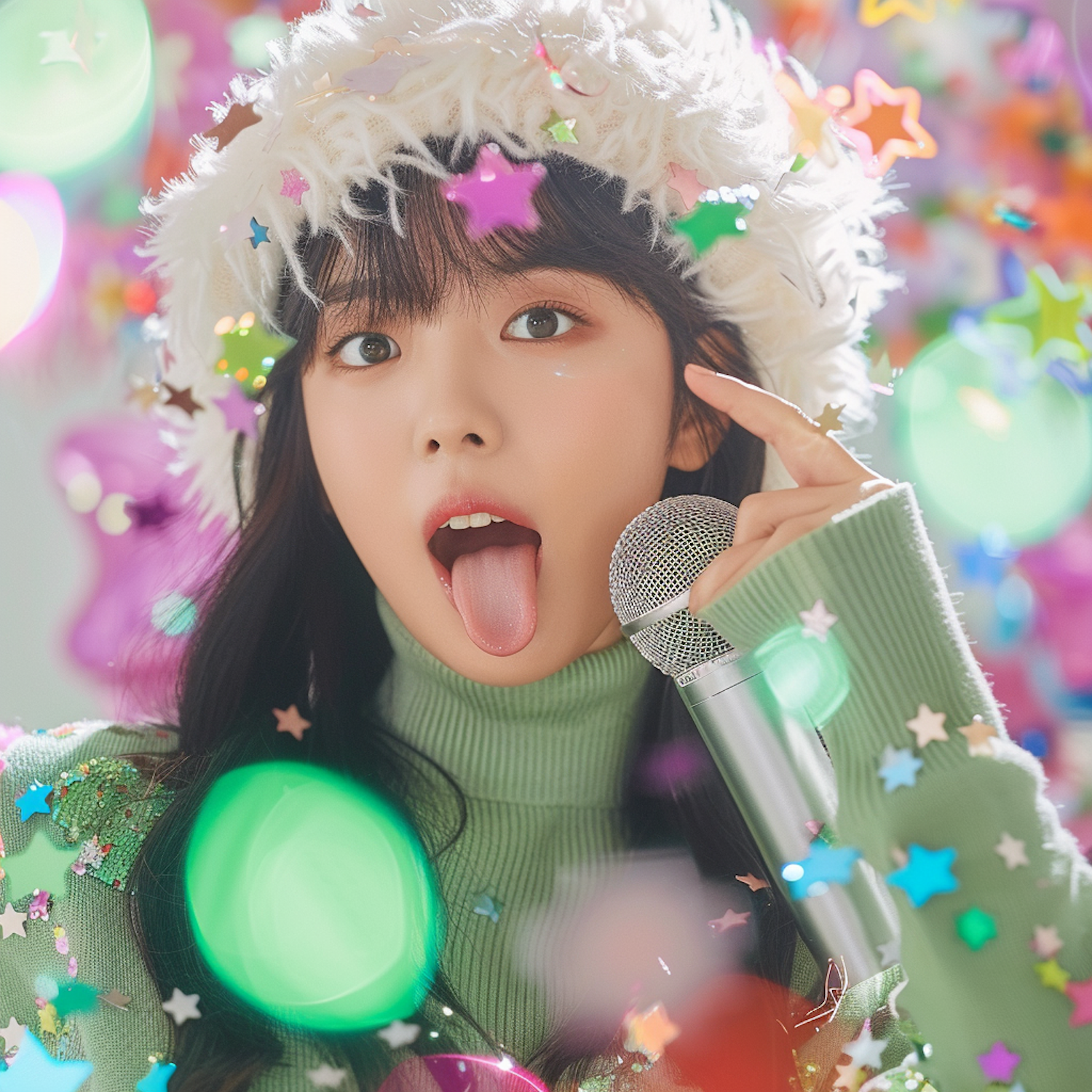 Festive Young Woman with Microphone