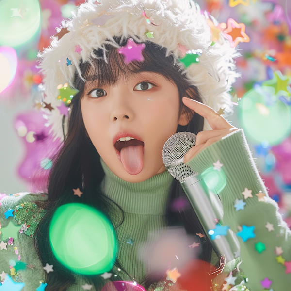 Festive Young Woman with Microphone