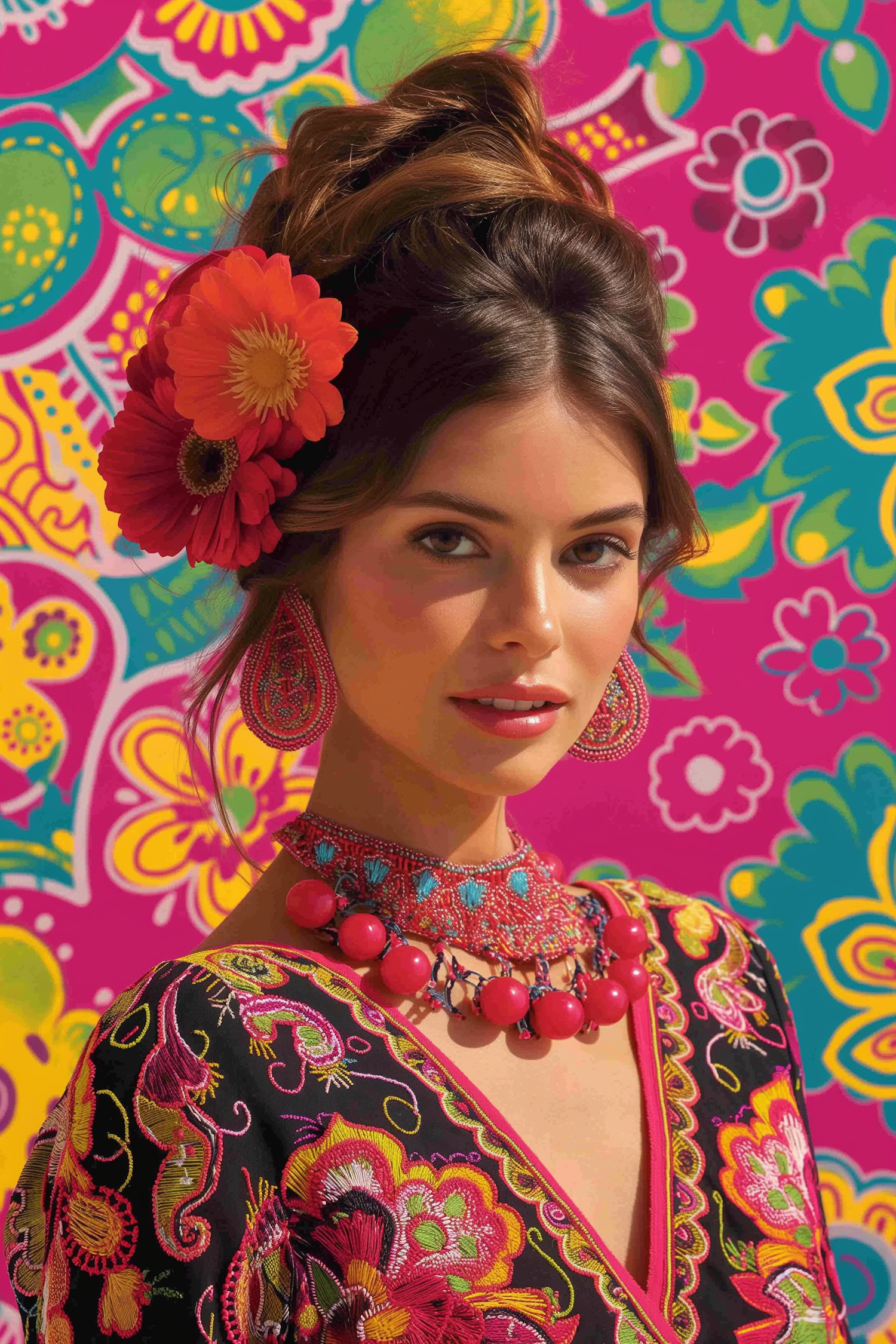 Bohemian Woman in Floral Embroidered Dress