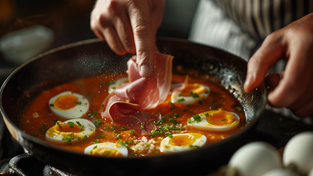 Cooking Scene with Skillet and Tomato Sauce