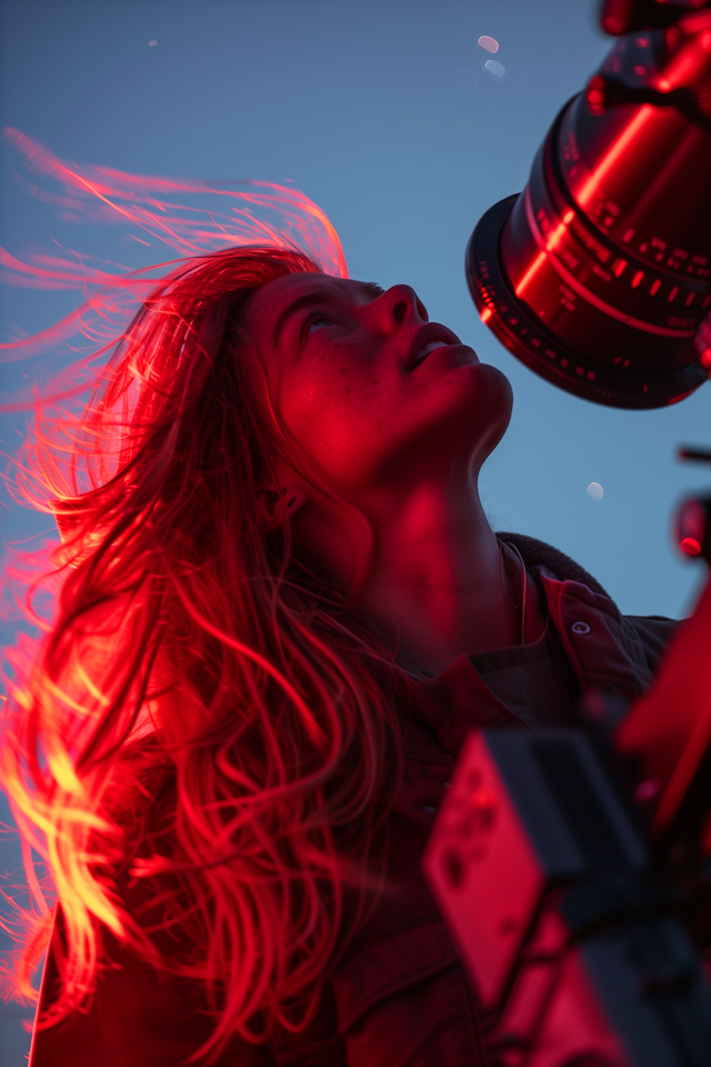 Woman Illuminated in Red Gazing Upward