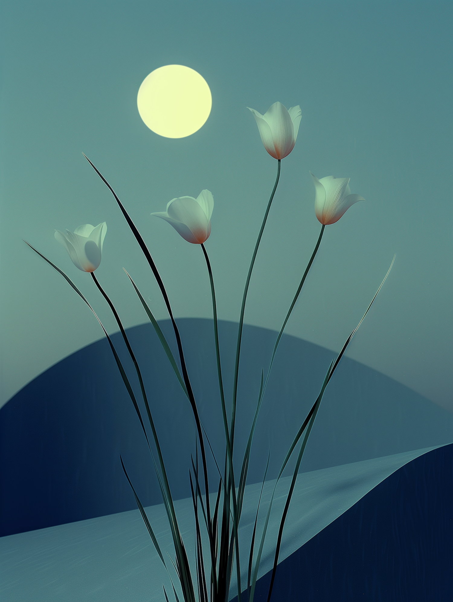 Stylized Tulips Under Moon