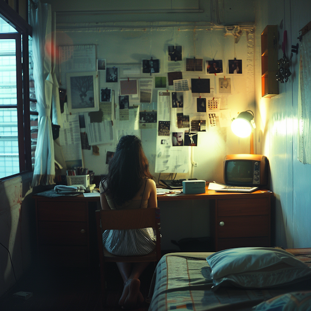 Moody Study Room with Reflective Young Woman