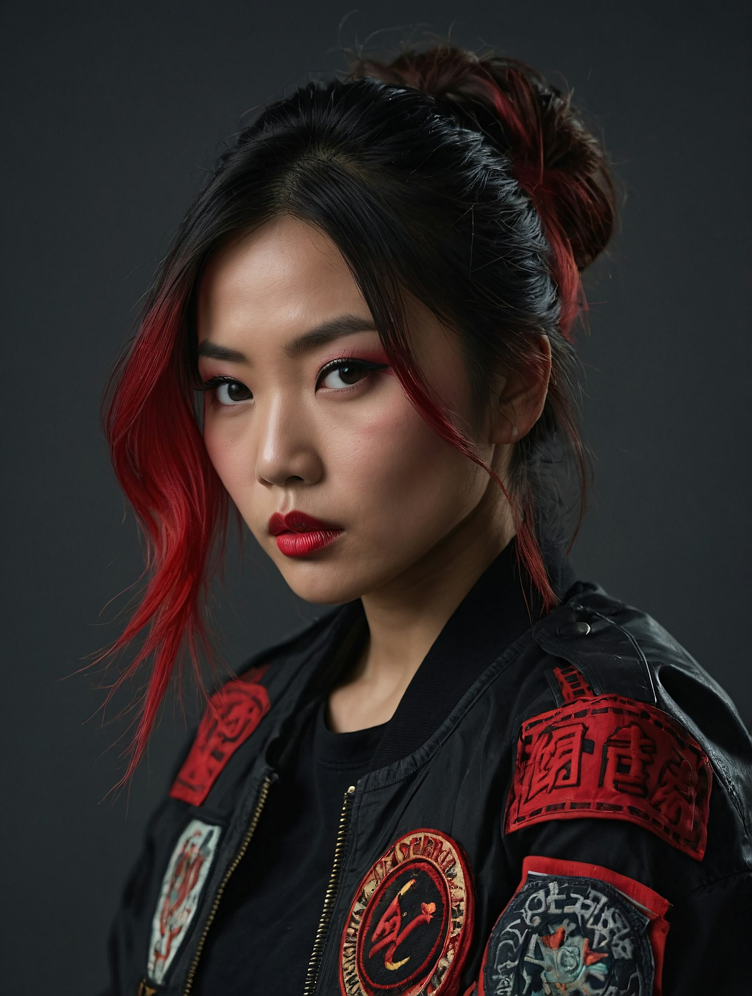 Dramatic Portrait of Woman with Red and Black Hair