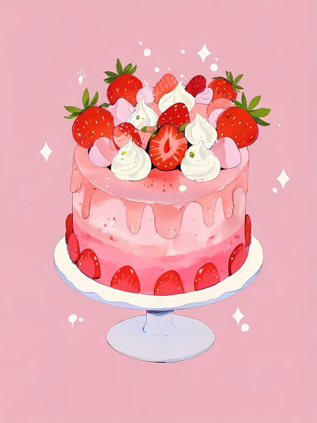 Strawberry Whipped Cream Cake Illustration