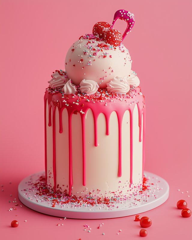 Decorated Cake with Pink Drip and Strawberries