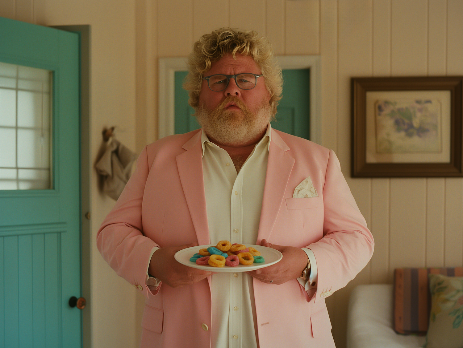 Man in Pink Suit with Candies