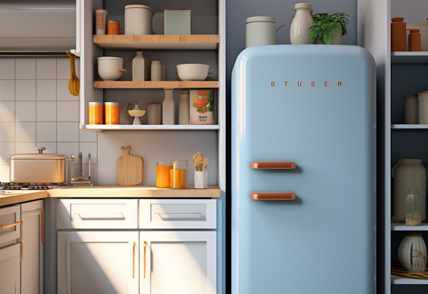 Serene Retro-Chic Kitchen with Pastel Blue Fridge