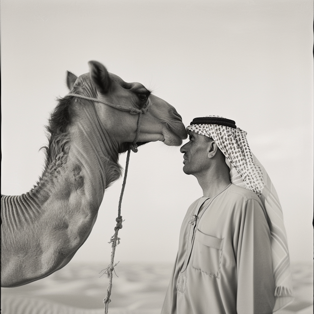 Intimate Encounter Between Man and Camel