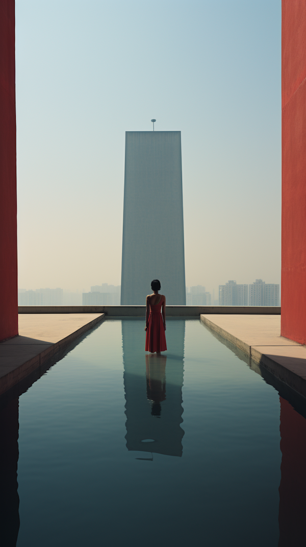 Solitude in Red by the Reflective Pool
