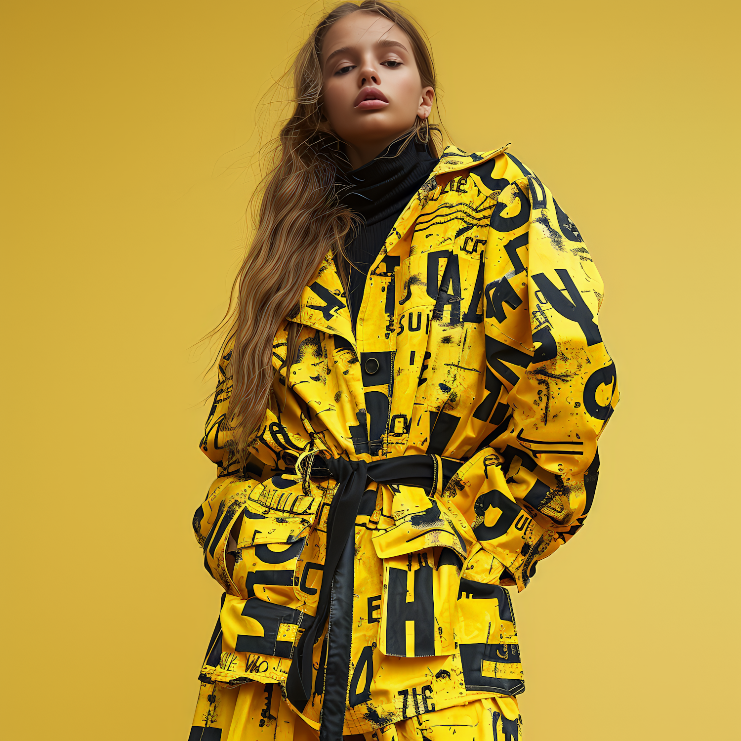 Serious Girl in Yellow Trench Coat with Bold Text