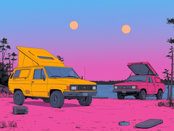 Surreal Pink Terrain with Vehicles