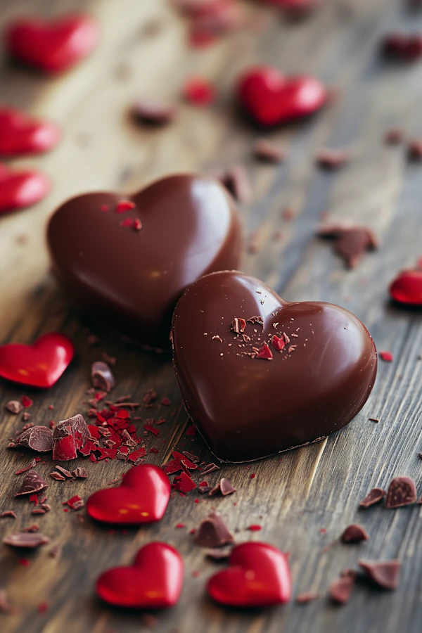 Heart-shaped Chocolates on Wooden Surface