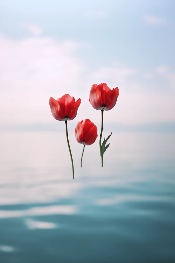 Red Tulips by Water
