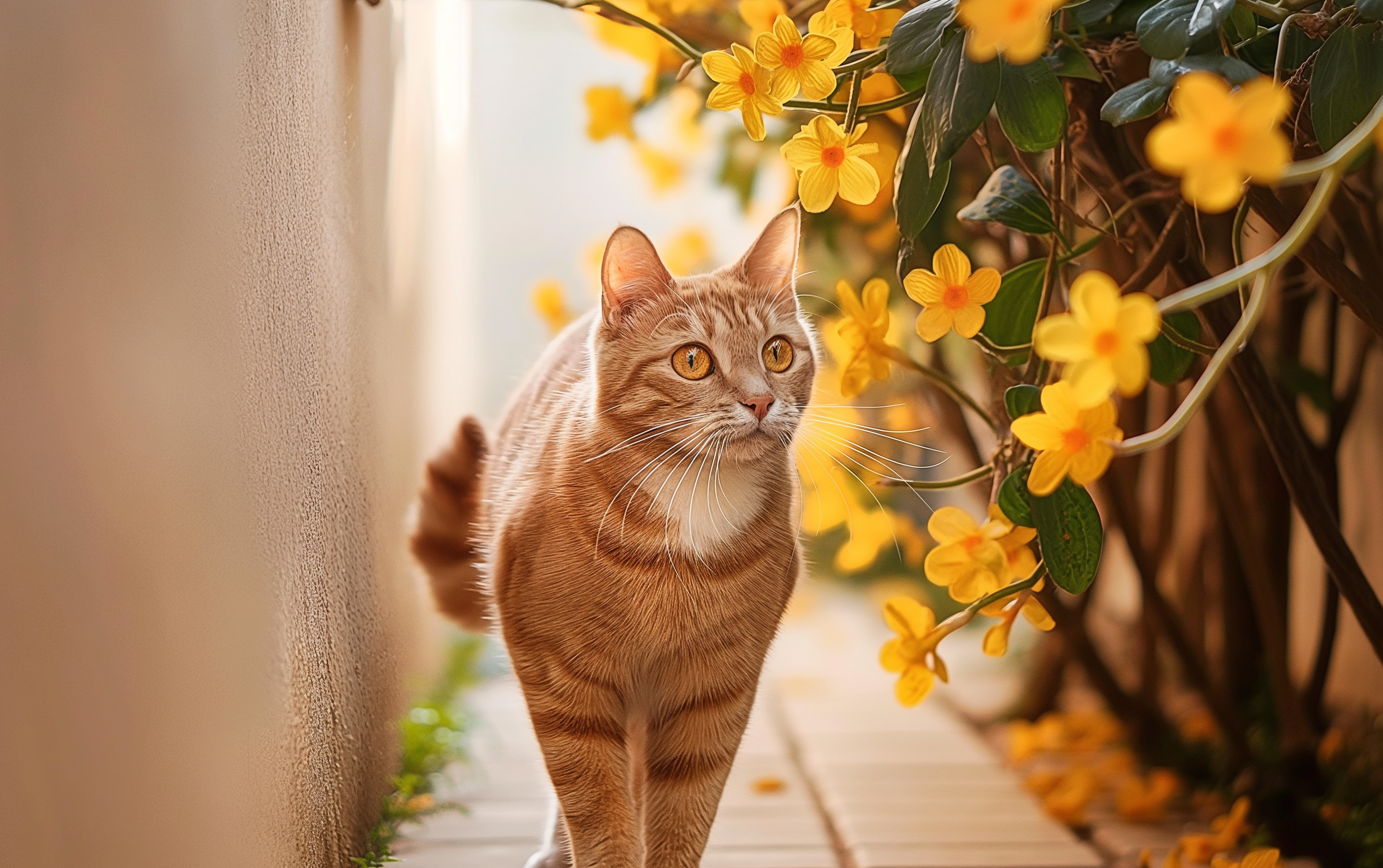 Ginger Tabby Cat Amidst Yellow Flowers
