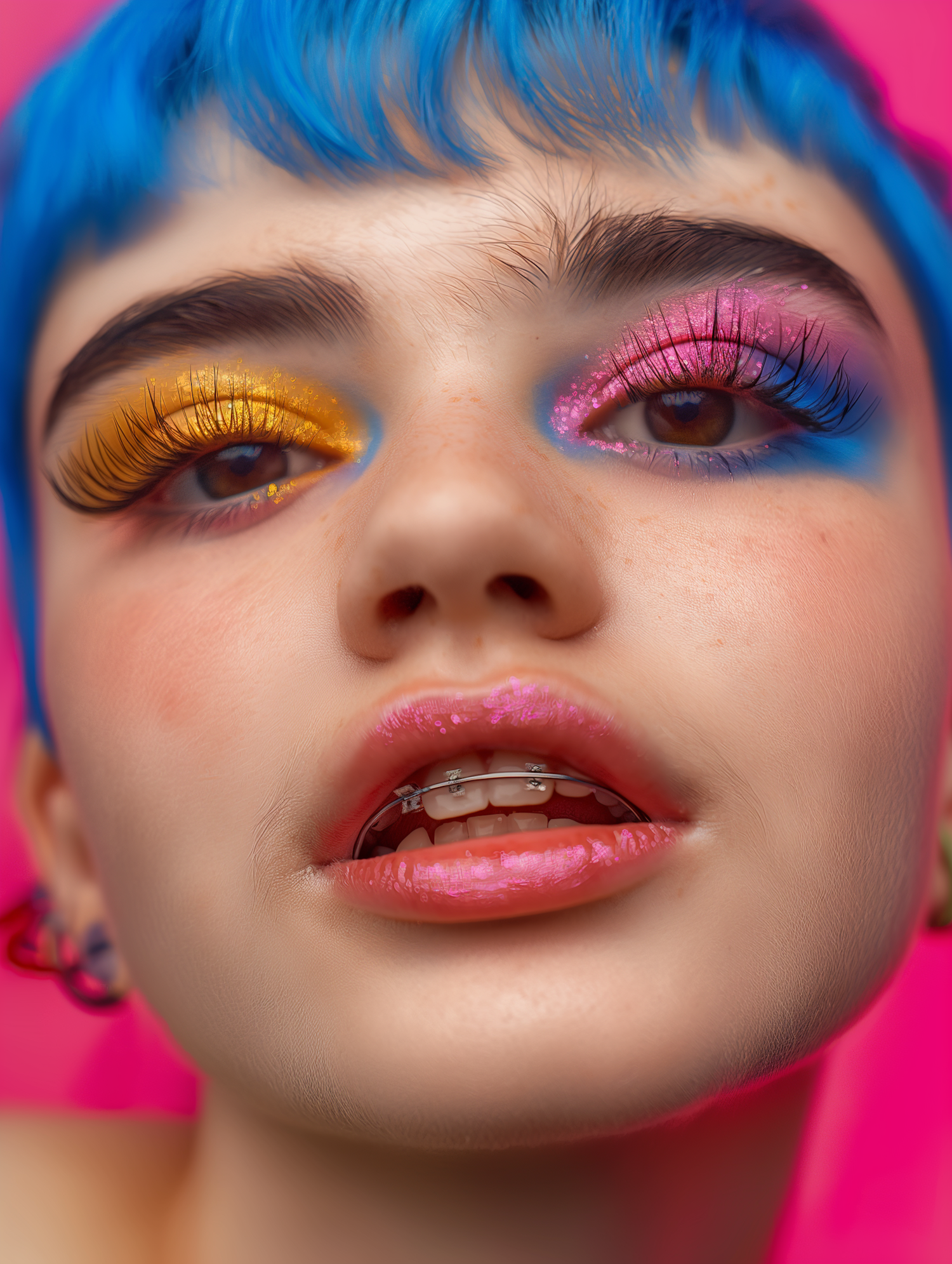 Vibrant Portrait of a Person with Distinctive Makeup and Colorful Hair