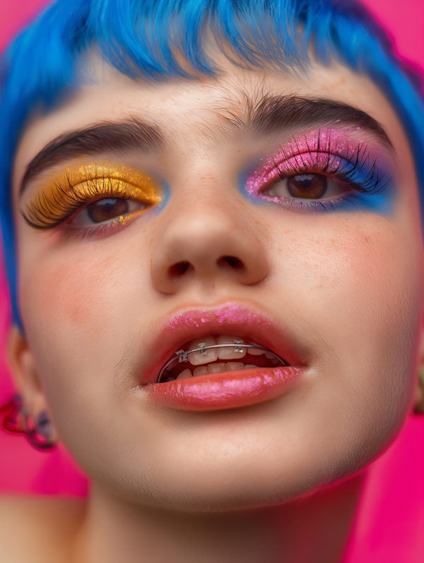 Vibrant Portrait of a Person with Distinctive Makeup and Colorful Hair