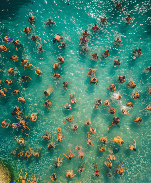 Aerial View of Beachgoers in Turquoise Waters