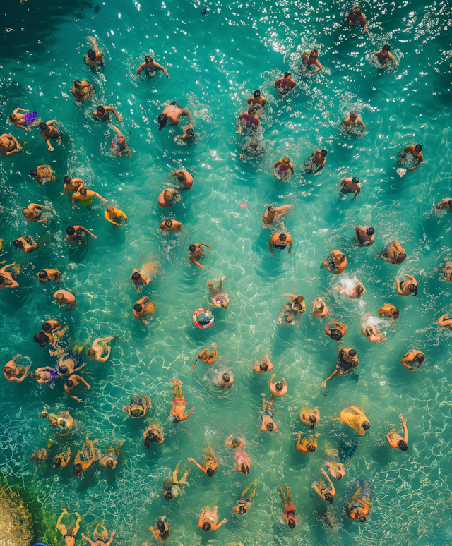 Aerial View of Beachgoers in Turquoise Waters