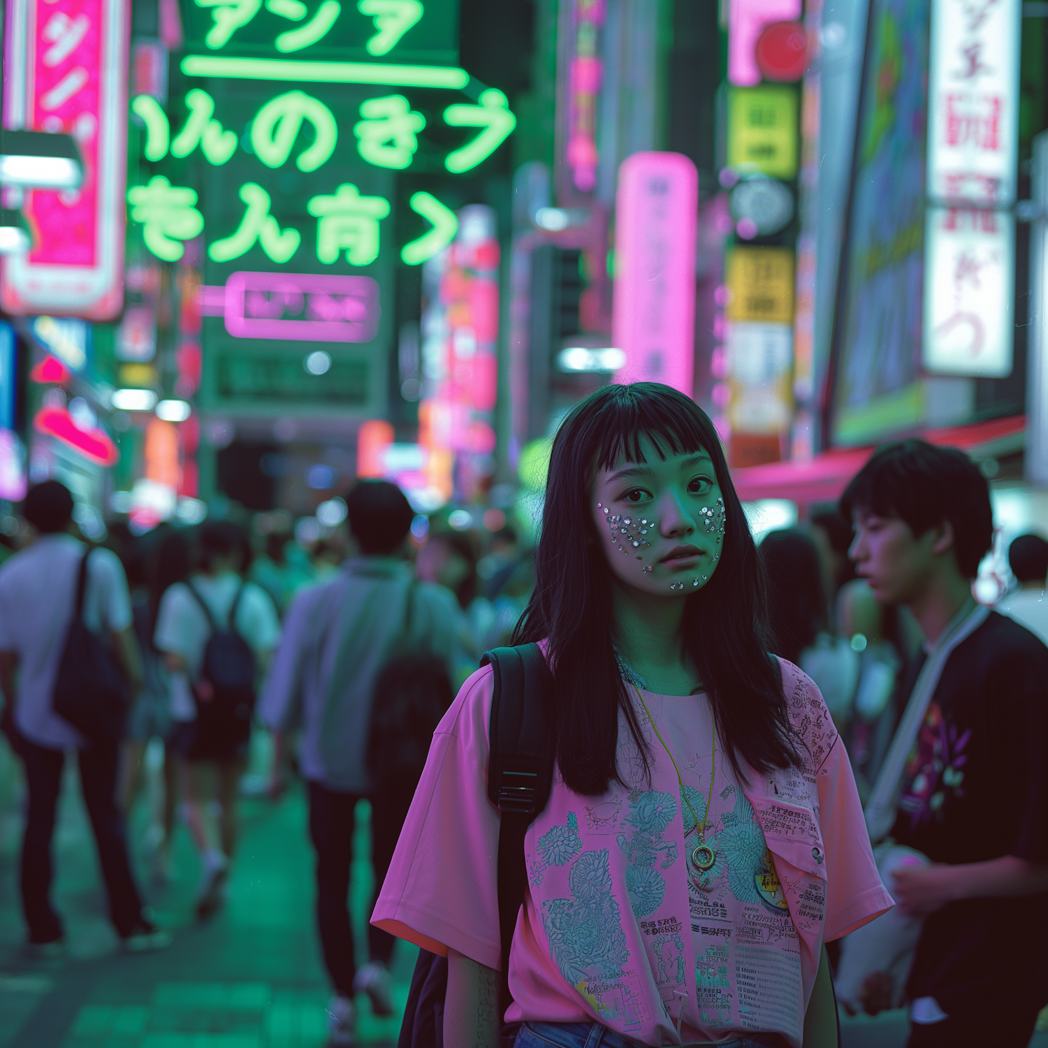 Contemplative Woman in Neon-lit City