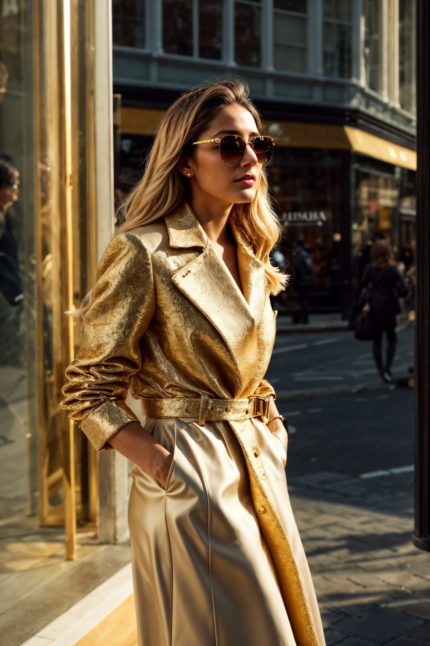 Stylish Woman in Gold Trench Coat on City Street