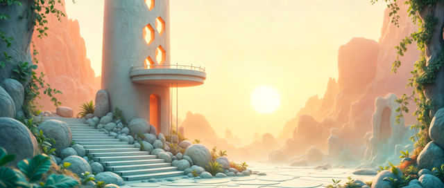 Serene Otherworldly Landscape with Tower