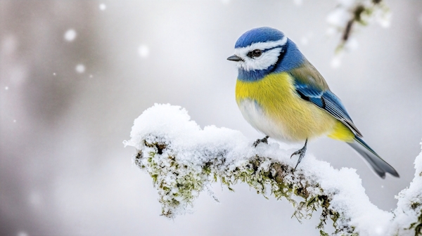 Vibrant Blue Tit on Frosty Branch