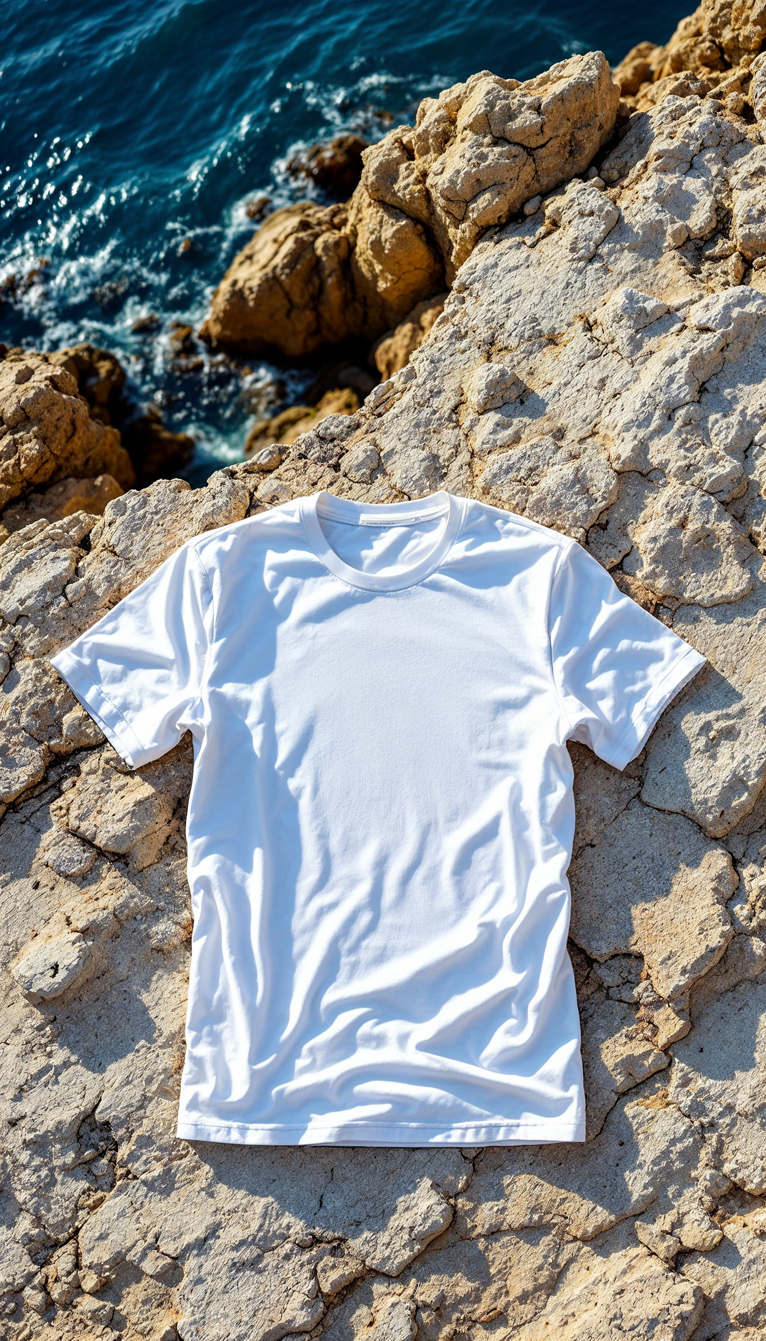 White T-shirt on Rocky Coast